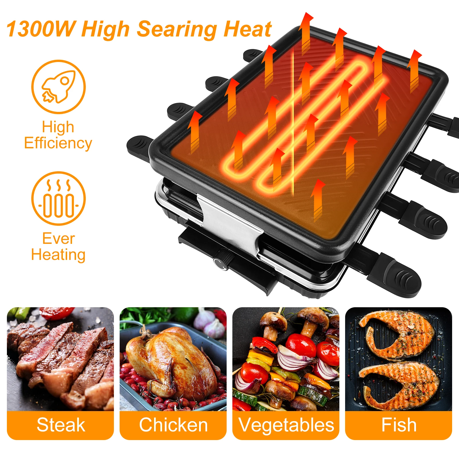 1300W Electric Indoor Searing Grill Bbq Grill Removable Grill Griddle Plates Smokeless Easy-to-Clean Nonstick Cooking Barbecue 2