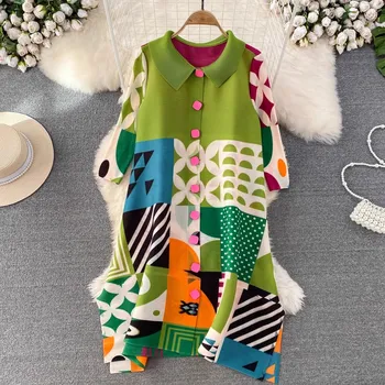 Miyake Pleated Drape Dress Women 2024 Spring Summer Colorblock Printing Lapel 3/4 Sleeve Single-breasted Fashion Shirt Dresses 1