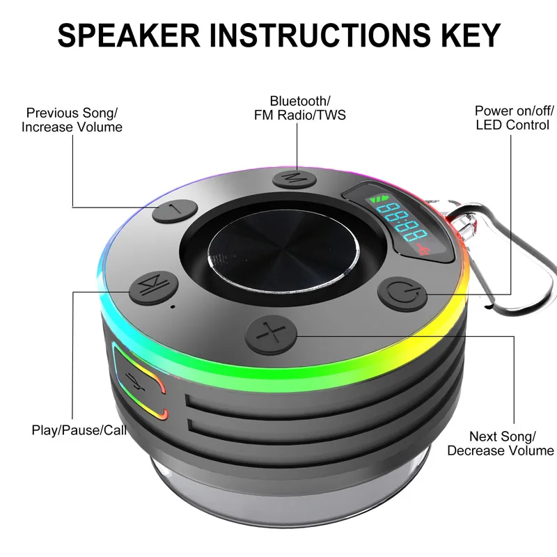 Shower Bluetooth 5.3 Speaker Waterproof Wireless Handsfree Call Music Player Mini Portable FM Radio Subwoofer for Bathroom Pool