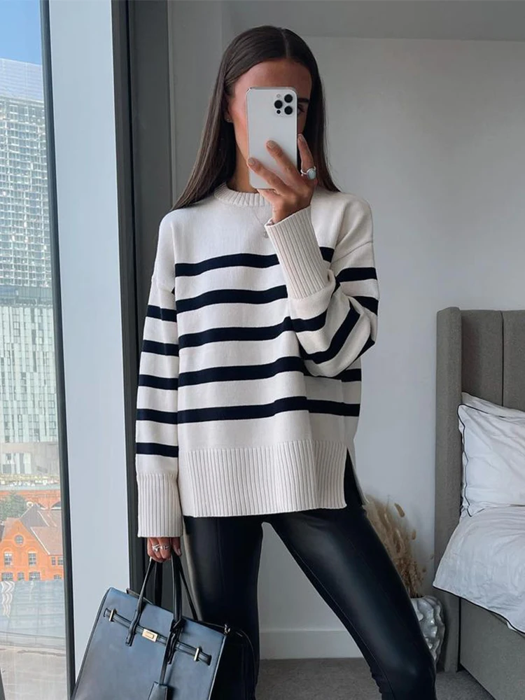 

Женский свободный трикотажный свитер с длинным рукавом и круглым вырезом