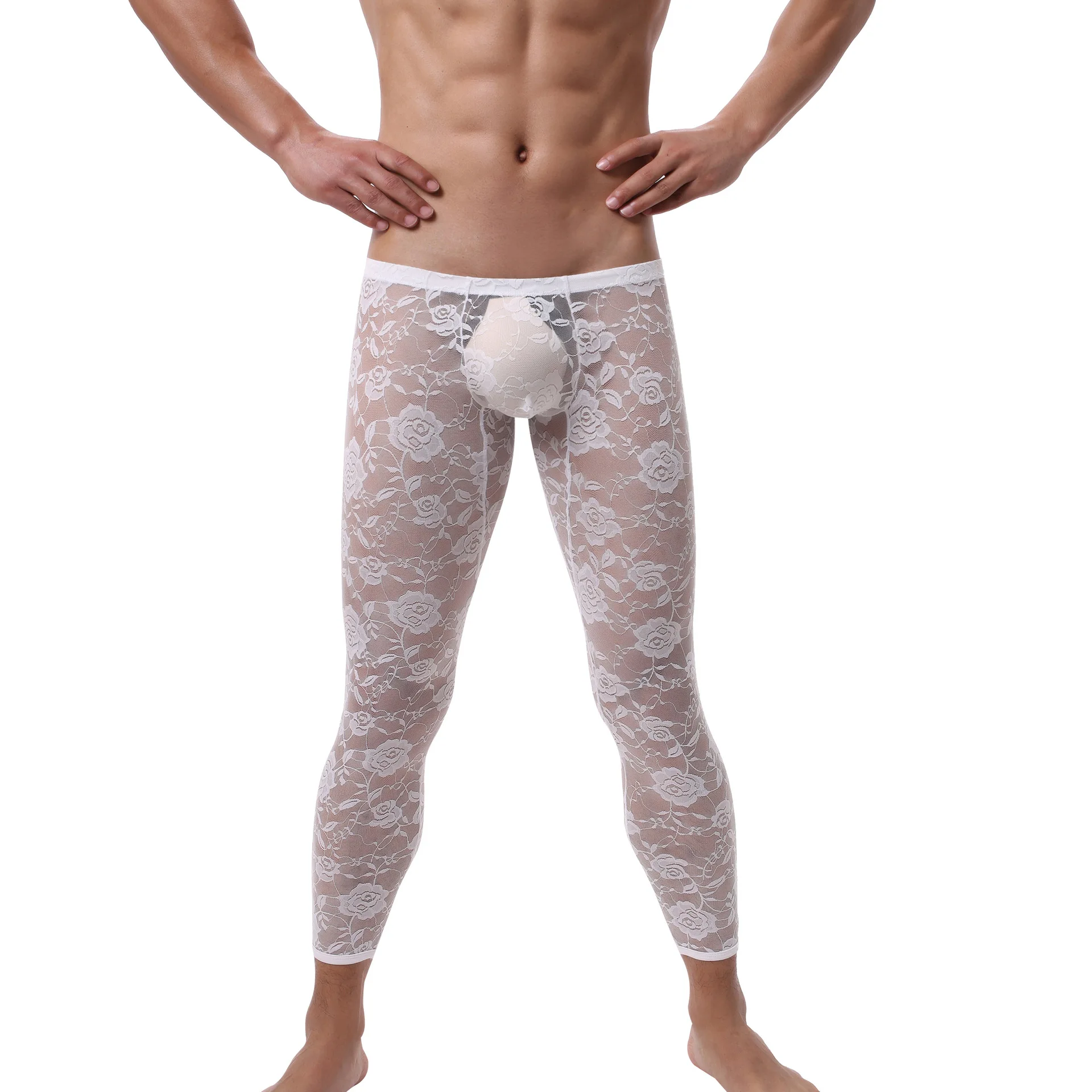 

Men Long Pants Sexy Lace Transparent Printd Sexy Gay Underwear Men Tight Legging Long Johns Skinny Fitness Riding Sleep Bottoms