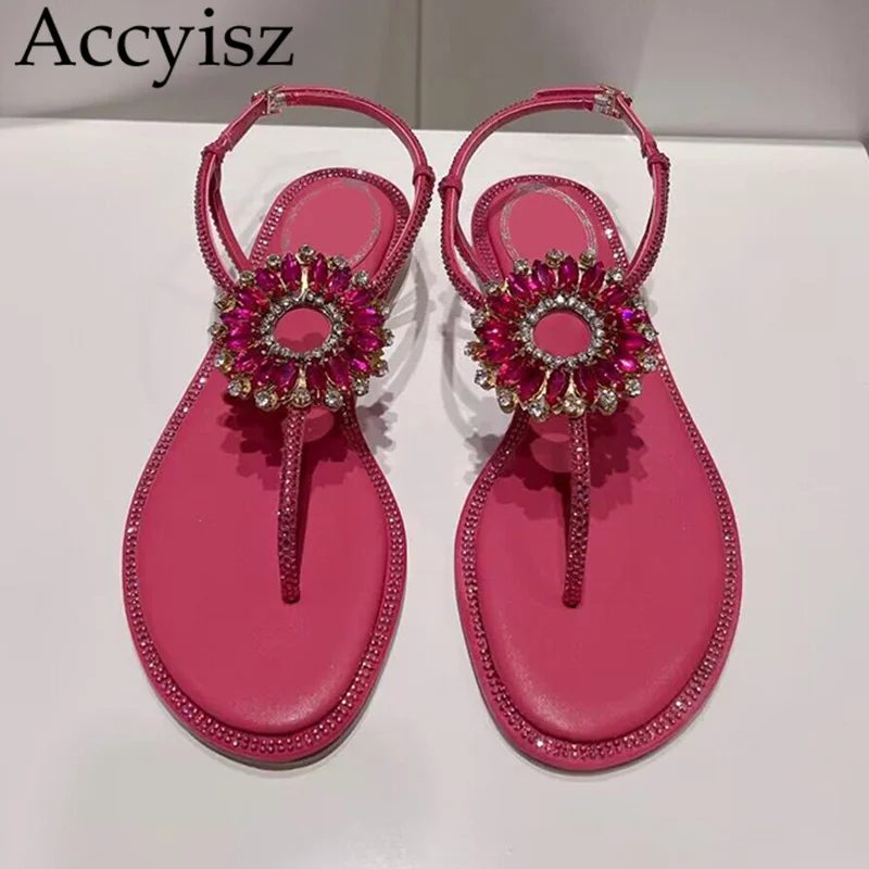 

Genuine Leather Flat Sandals Women Shiny Rhinestone Decor Buckle Strap Split Toe Rome Sandlias Summer Leisure Vacation Shoes