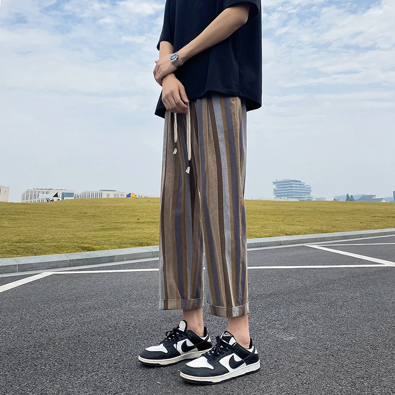 

2023 Summer Men's Loose Striped Printing Casual Pants Elastic Waist Fashion Trend Sweatpants Apricot/Yellow Color Trousers