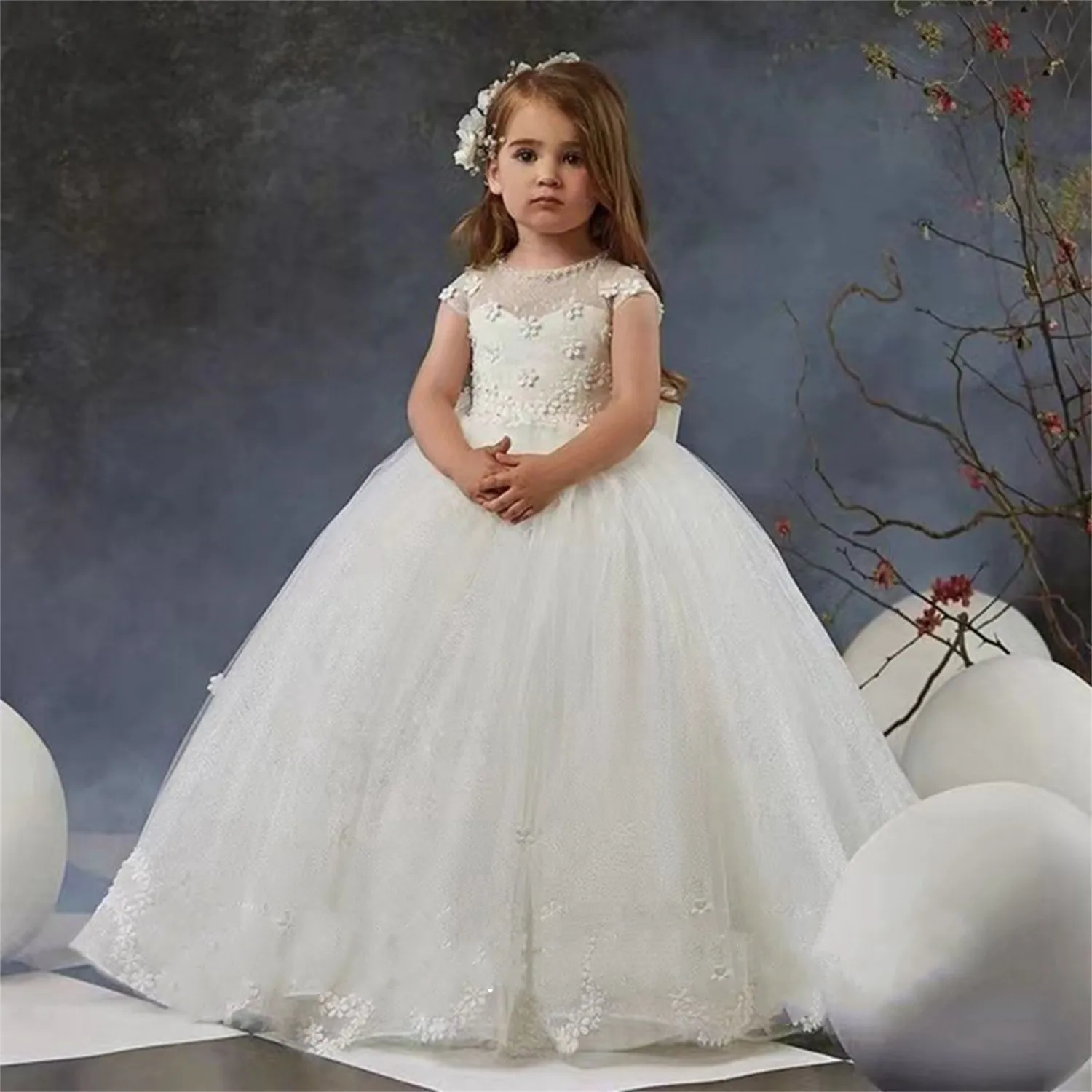 

Flower Girl Dresses For Wedding O-Neck Decal Fluffy Bow Pageant Dress Floor Length Prom First Communion Birthday Party
