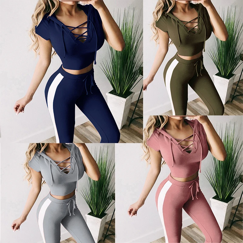 New Women's Slim Short-sleeved Cropped Hoodie and Trousers Fashion Yoga Sport Suits Casual Jogging Suits