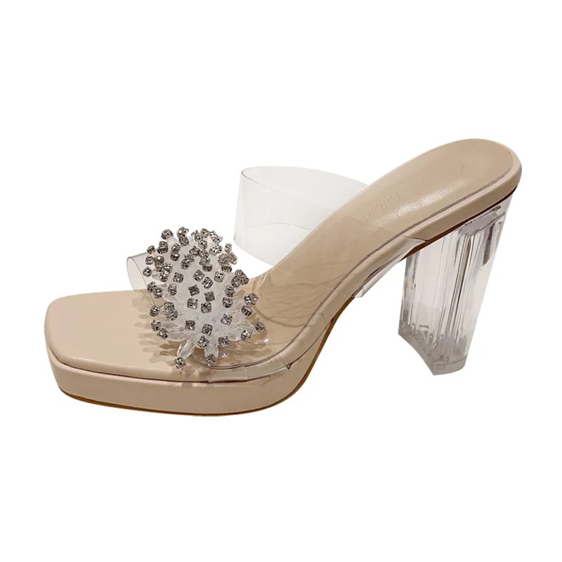 ZOOKERLIN Square Toe Platform Transparent PVC Rhinestone Flower Women's Slippers Sandals cCystal Thick High Heels Slip On Slides
