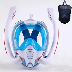 Premium Silicone Full Dry Snorkeling and Diving Mask with Double Tube Design - L/XL (White Blue)