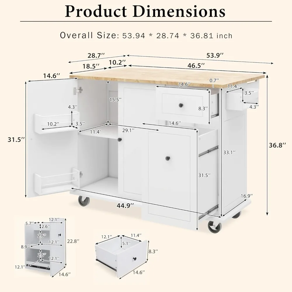 with Drop Leaf, 53.9" Width Rolling Wheels with Internal Tier Pull Out Cabinet Organizer, Kitchen Storage Cart Spice
