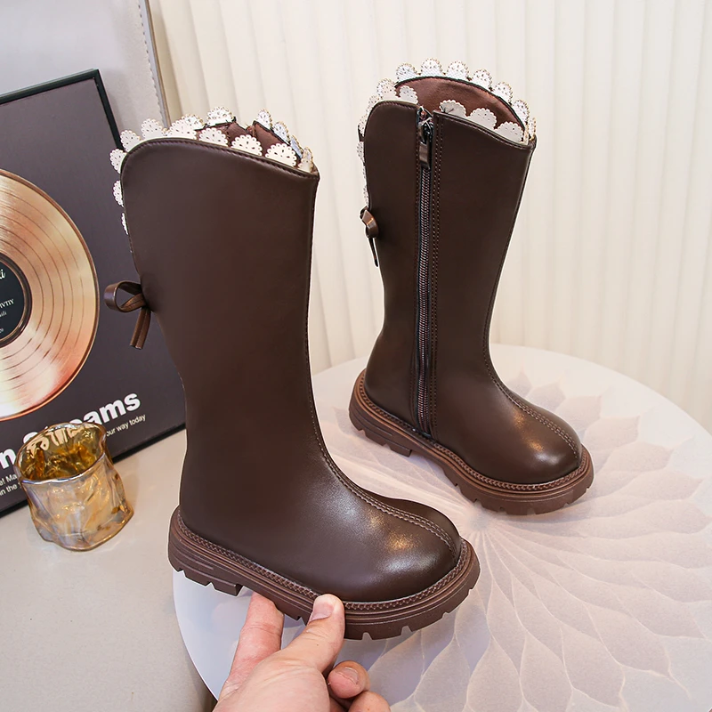 Black Mid Calf Lace Boots for Kids Autumn Breathable