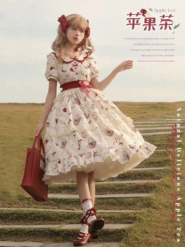 Apple Printed Lolita Dress Spring Summer Short Sleeve Pastoral Style Lolita Dress Princess