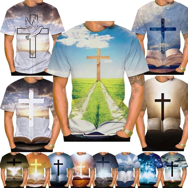 

New God Casual Unisex Round Neck Short Sleeve Christian Jesus Cross 3D Printed T-Shirt Men's Short Sleeved Tops Clothing