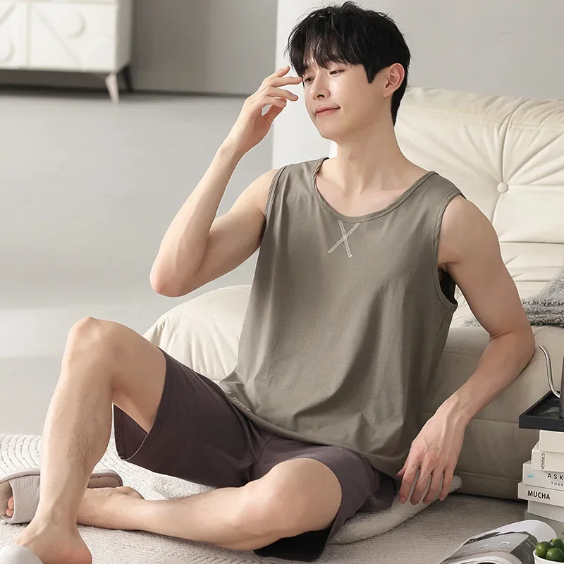 Summer Men Pajamas Modal Cotton Shorts Casual Cotton Silk Male Outerwear Sleepwear Homewear Suit