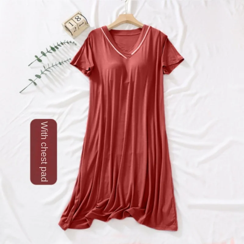 

Women's Nightgown with Chest Pad Solid Color V-neck Summer Leisure Elastic Waist Girl Sleepwear Short Sleeve Soft Homewear Cloth