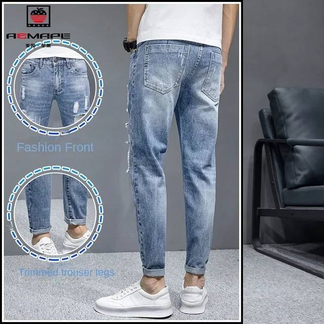 New Fashion Stylish Cowboy Men's Slim Casual Jeans with Ripped Distressed Holes Summer Streetwear Denim Broken Hole Pants Male 4