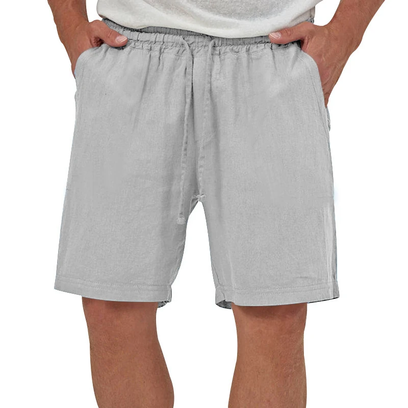 Summer Mens Linen Elastic Shorts Lightweight Cotton Trousers Pockets Breathable Beach Pants Fitness Sweatwear Shorts Men 2