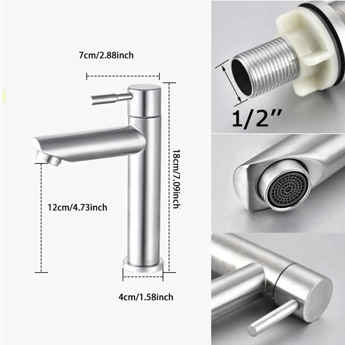 Basin Faucet 304 Stainless Steel Single Cold Water Tap Deck Mounted Basin Sink Tap G1/2