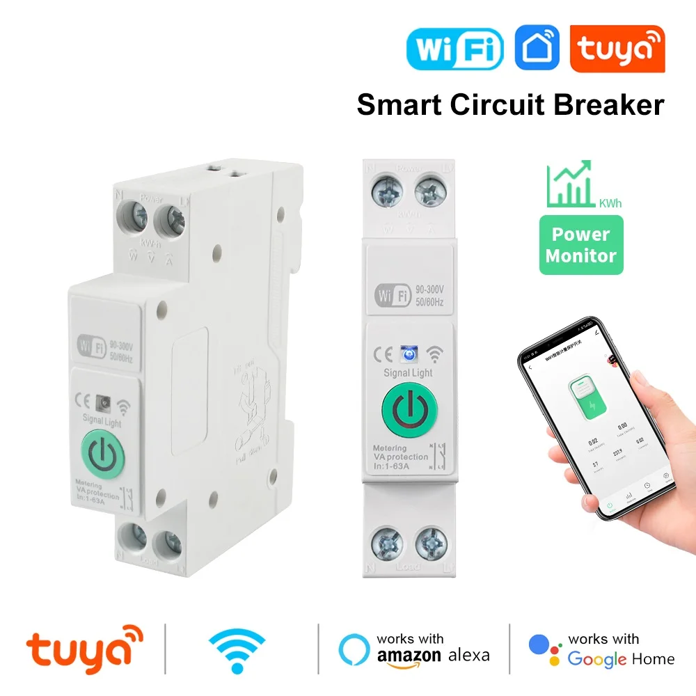 Tuya 1-63A ปรับ Wifi Smart Circuit Breaker สวิทช์ Power Monitor 1P Din Rail Kwh จับเวลา MCB สําหรับ Google Home Alexa Alice 1