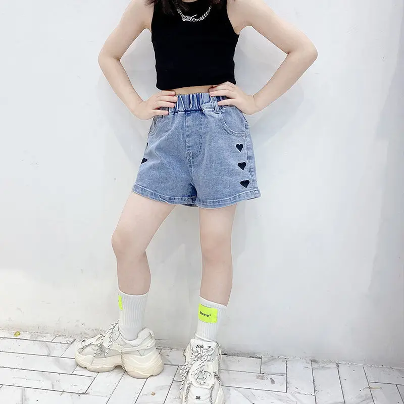 Summer Kids Clothes Girls High Waist Casual Denim Shorts Pocket Tassel Perforated Fashion Shorts Embroidery Beach Outdoor