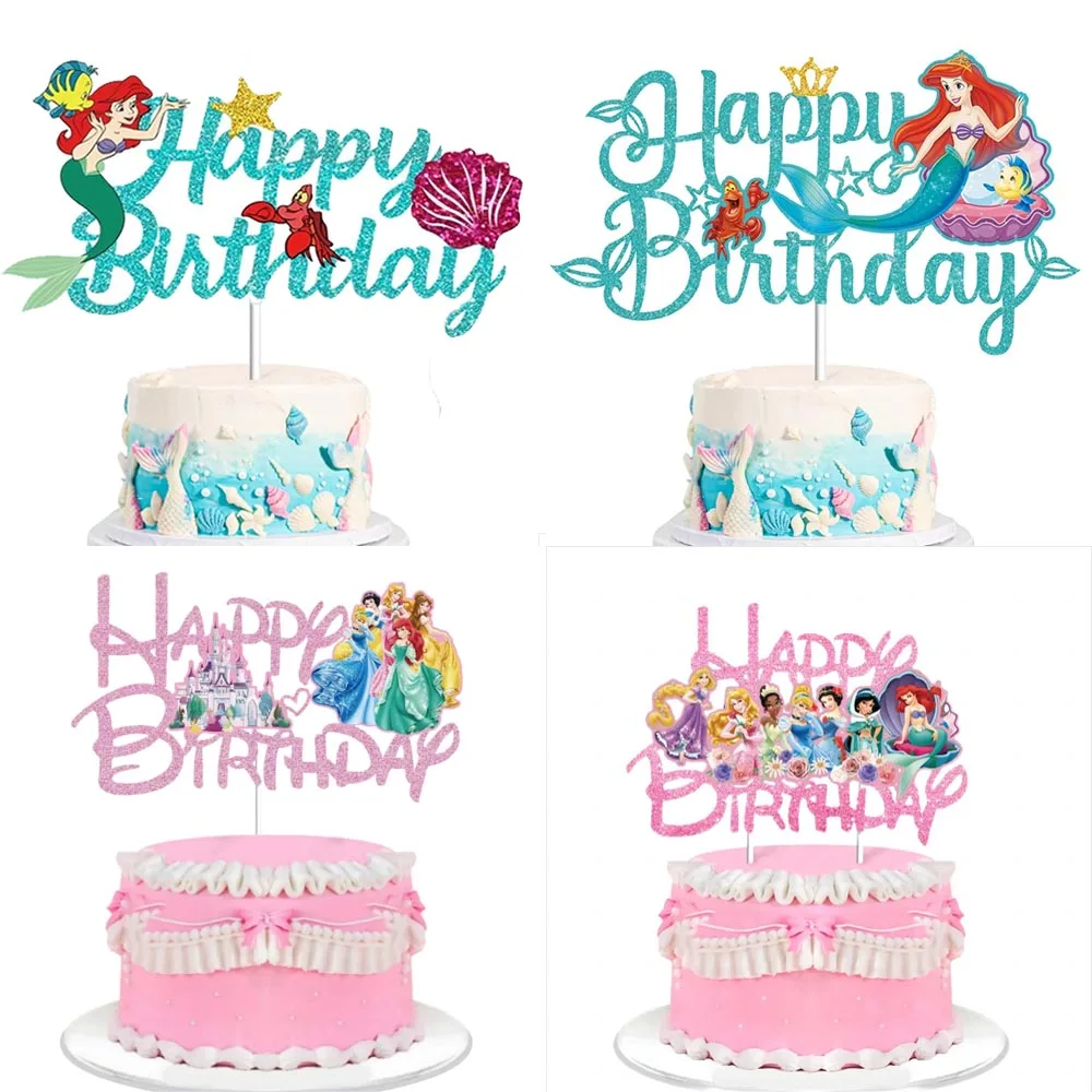 Disney Cartoon Mermaid Princess Cake Flag Top Birthday Party Decoration Wedding Anniversary Six Princess Cake Dessert Decoration