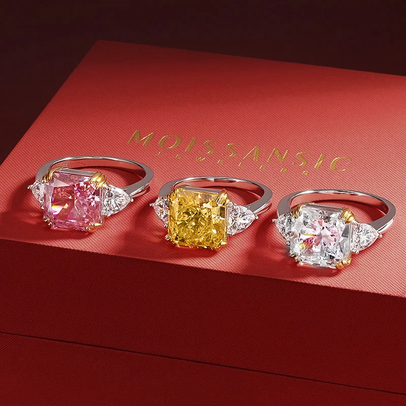 OEVAS 925 Sterling Silver Wedding Ring For Women Luxury 10*10MM Yellow Pink White Zircon Gemstone Rings Silver Ring Wedding Rings