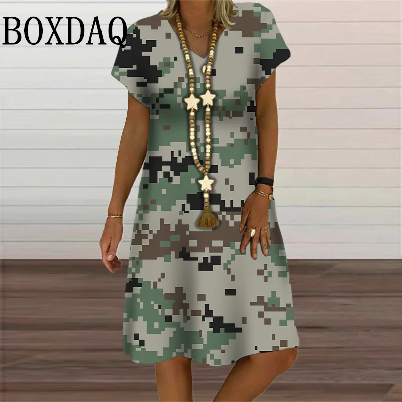2024 Women Dress Camouflage Print Midi Dresses Fashion Streetwear
