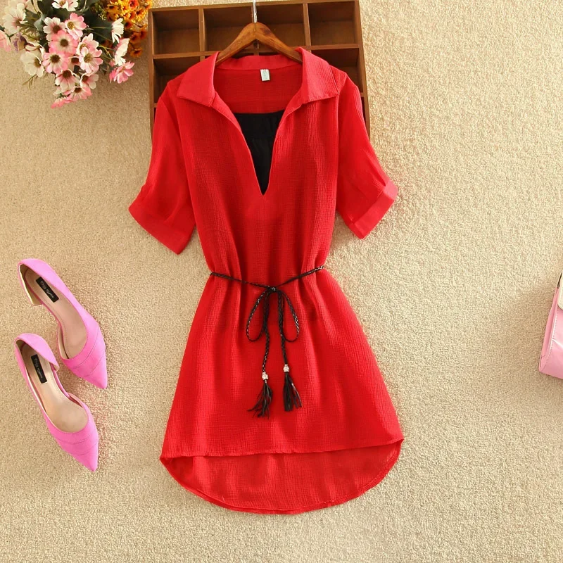 

2024 Summer New Women Sexy Slim Waist Hidden Fleshy Chiffon Waist Show Dress Ladies Fashion Short Sleeve Solid Two-piece Dress