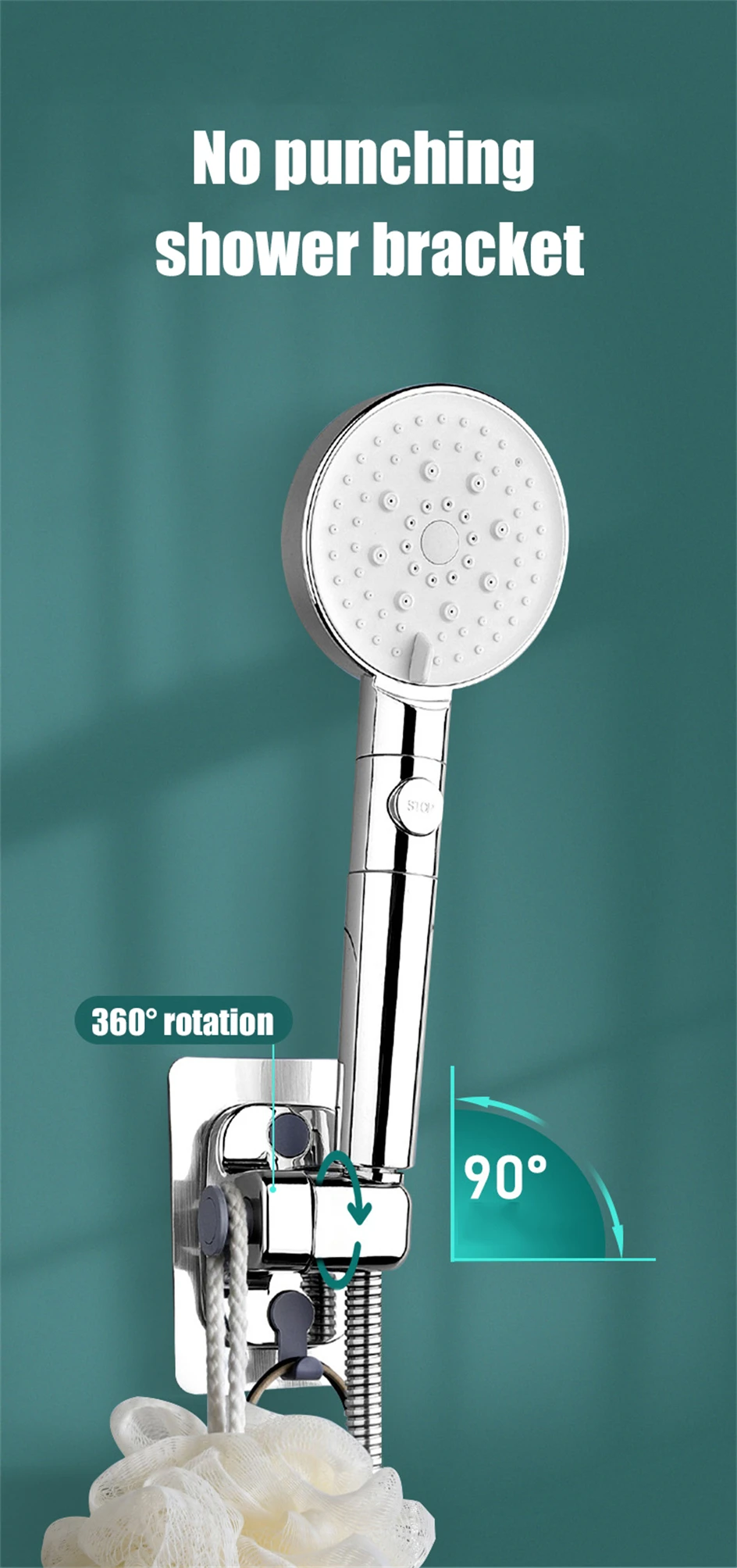 Description Picture 3 of itemVILOYI Universal Shower Head Holder Adjustable Strong Adhesive ABS Shower Brackets with Hooks Wall Mount Waterproof Shower Base