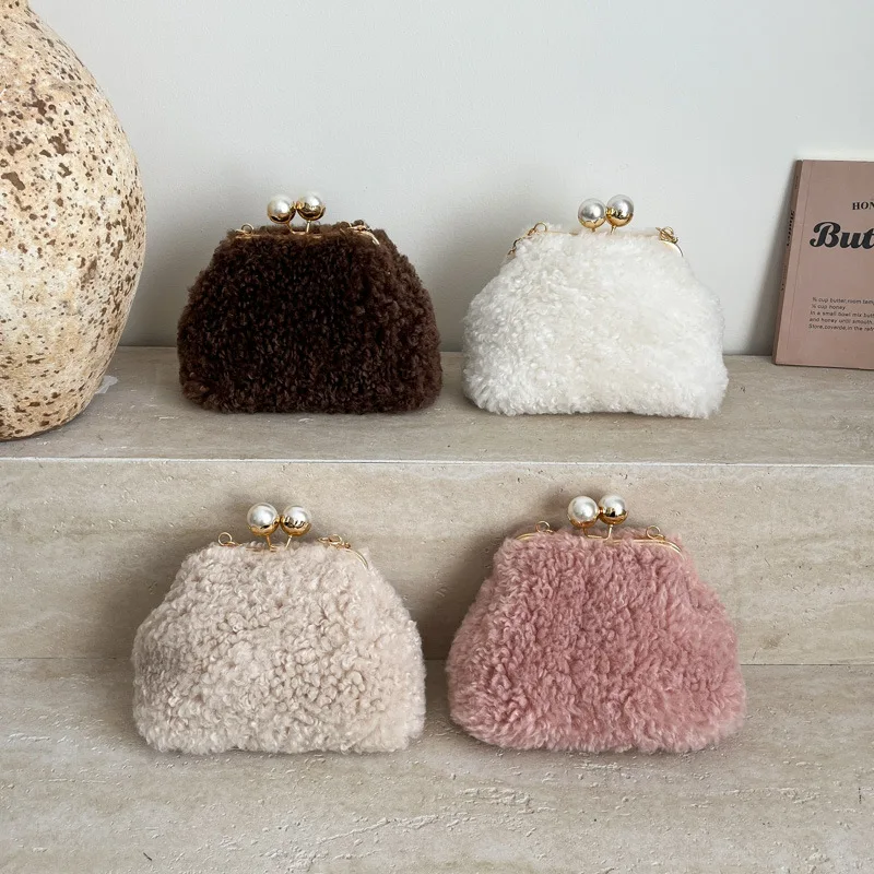 Plush Frame Bags For Women 2025 Winter New Pearl Furry Crossbody Shoulder Bags Solid Fur Luxury Handbag Soft Fluffy Bags Korean