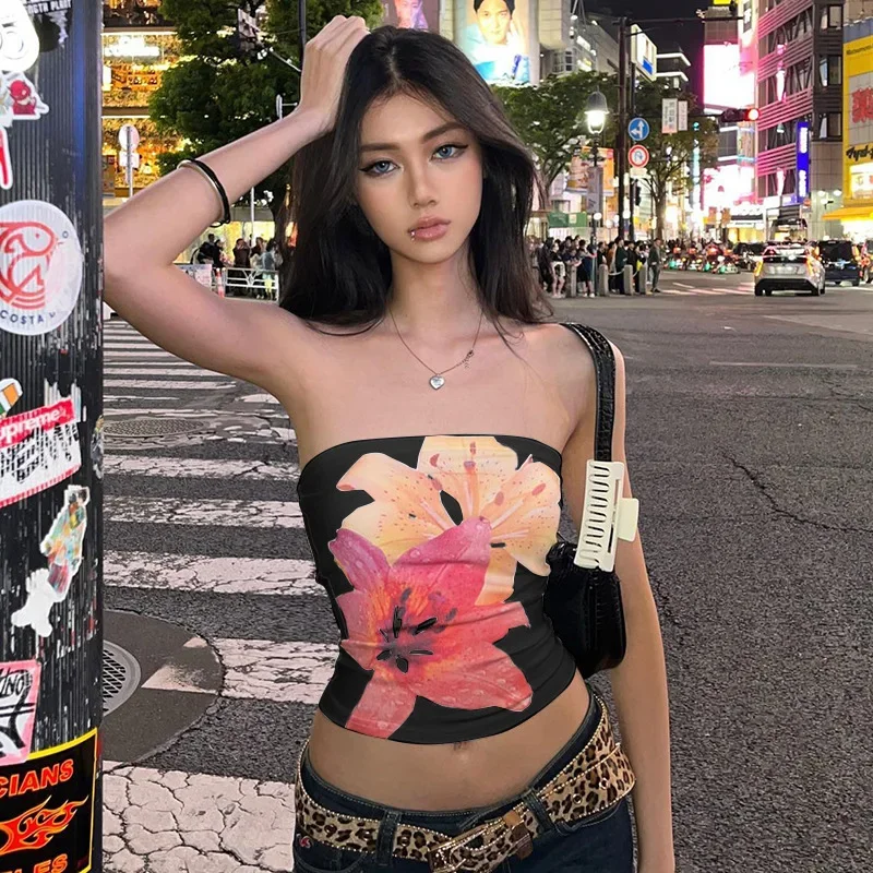 Top sexy con estampado floral, corto, sin tirantes, de una pieza, sin mangas, ajustado, de moda, para mujer, top informal sin cuello, sujetador Y2k