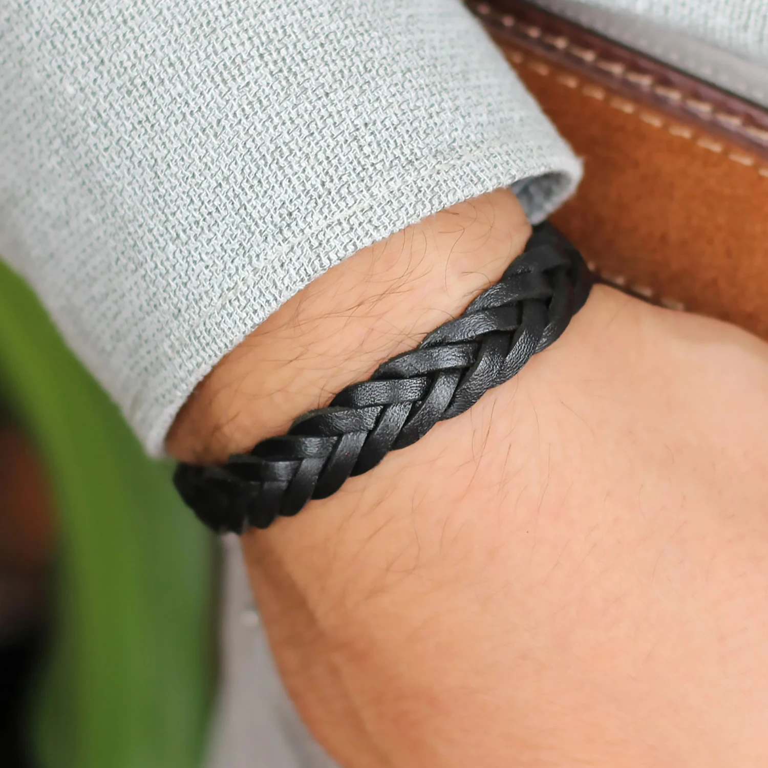 Sleek Black Braided Leather Cuff – Genuine Men's Bracelet