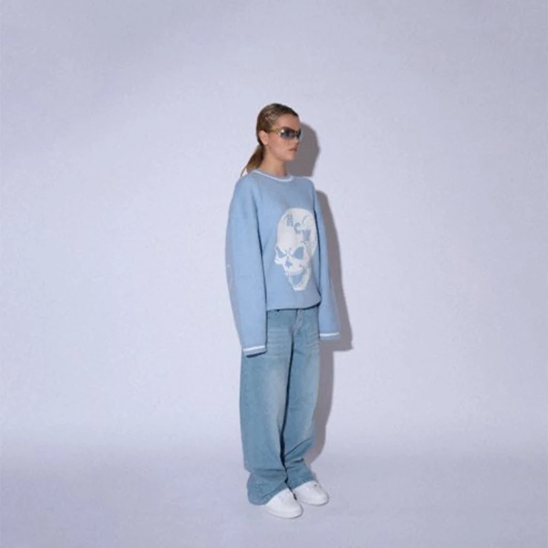 

New Hip Hop Streetwear Knitted Sweater men Gothic portrait Print Pullover autumn Harajuku Cotton sweater women Oversized Sweater