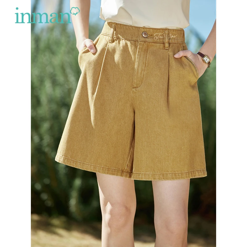 INMAN Women Short Pants 2023 Summer Back Elastic Waist Straight Loose A-shaped Trousers Cotton Comfort Retro Khaki Jeans inman women pants 2023 summer high waist loose half culotte fashion retro casual all match khaki navy trousers