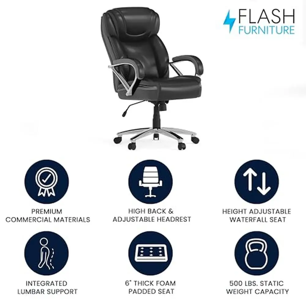Big & Tall 500 lb. Rated Black LeatherSoft Executive Swivel Office Chair Headrest Lumbar Support Contoured Design Ergonomic Task 2
