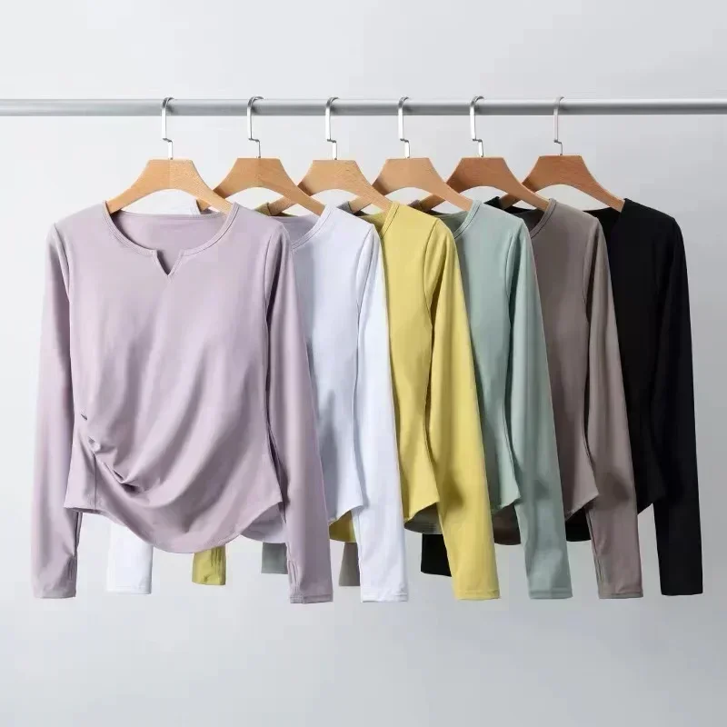 Lemon Women V Neck Slim Fit Long Sleeved Running T Shirt with Thumb Hole Sports Lightweight Shirts Hem T Shirt Tunic Pilates Top