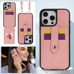 Elegant Mirror Crossbody Wallet with Card Slots, Leather Design, Lanyard and Flip Stand Cover - iPhone 15 Pro (Pink)