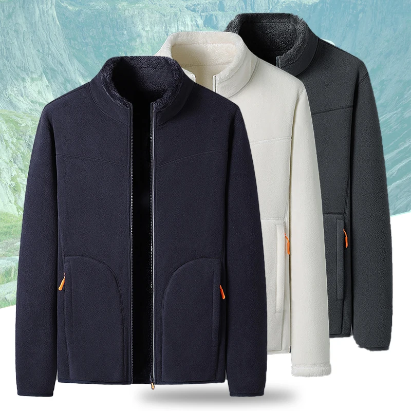DoubleSidedFleeceJacketMenWinterWarmThickedCoralFleece