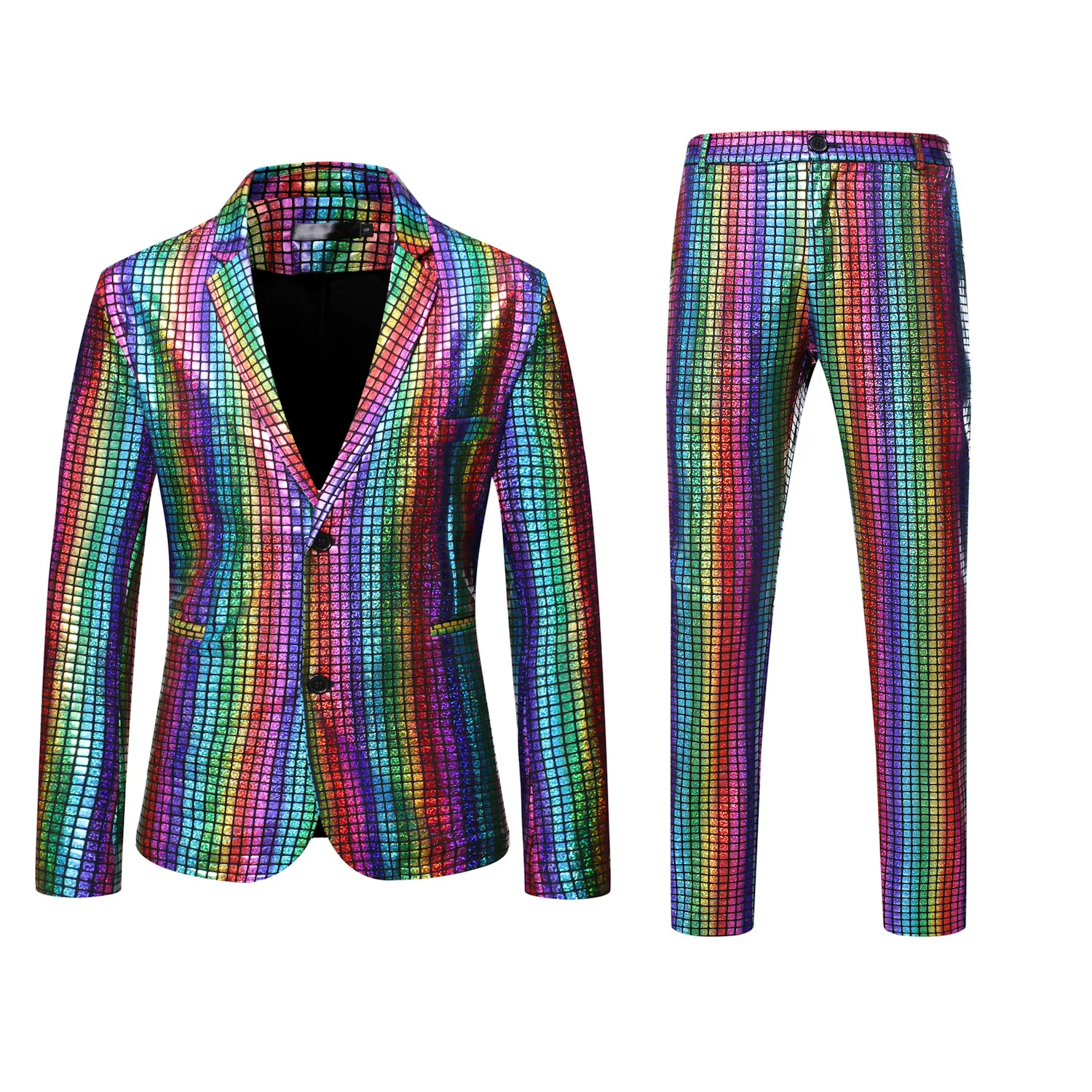 Men's Metallic Slim Suit Two-Piece Set 70s Disco Prom Outfit Rainbow Plaid Sequin Jacket Pants Dance Christmas Halloween Party