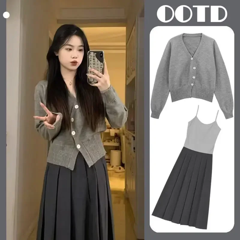 가을 컬렉션 임산부 의류 세트, 브이넥 니트 가디건, 트렌디한 엄마 겉옷, 홍콩 스타일 디자인, 감성 원피스