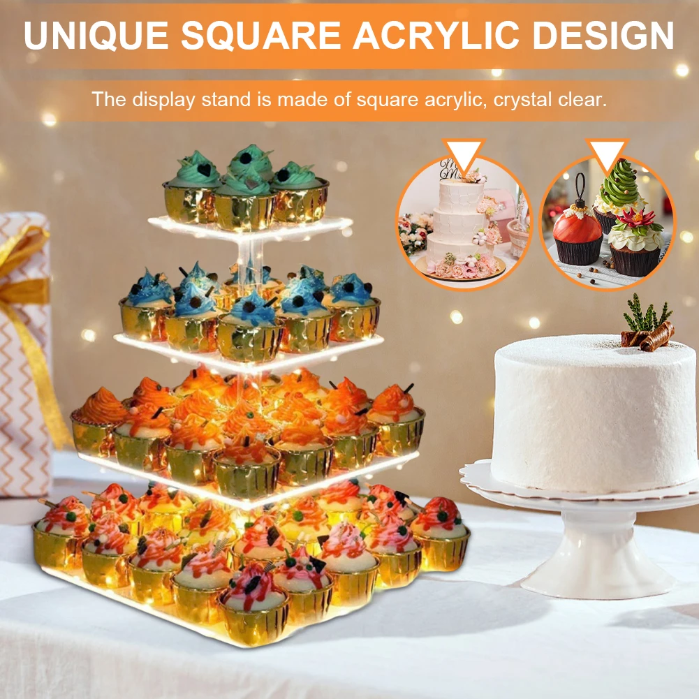 3/4 Tier Acrylic Cupcake Display Stand with LED Light Cupcake Tower Stand Square Display Stand for Birthday Wedding Party