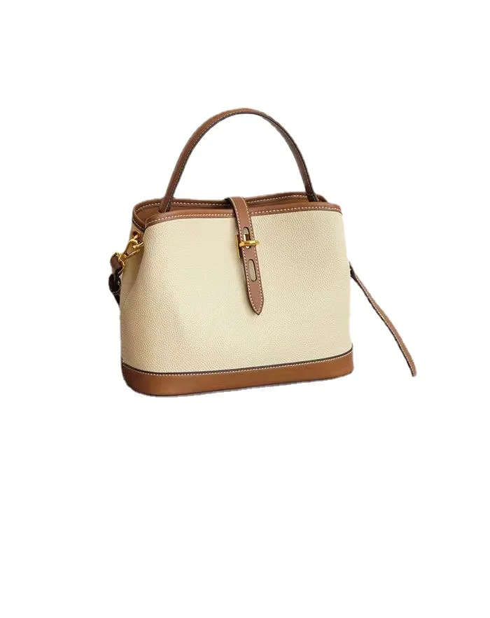 Maxdutti 2023 French Retro Color Matching Bucket Bag Genuine Leather Single Messenger Bag Shoulder Soft Leather Handbag Women