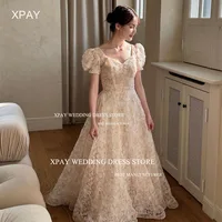 XPAY Princess Lace Korea Wedding Dresses A Line Draped Short Puff Sleeve Backless Bridal Gown Photos Shoot Custom Bride Dress 1