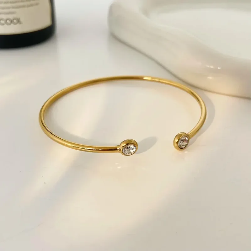 Double cz stone open cuff bangles stainless steel bangles for women minimalist dainty stainless steel jewelry new in 2024 2