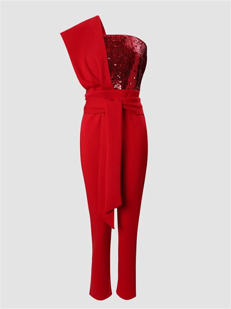 Fashion Sequin Jumpsuit for Women 2023 New Eelgant One Shoulder Sleeveless Slim Bodysuit High Waisted Belt Jumpsuits