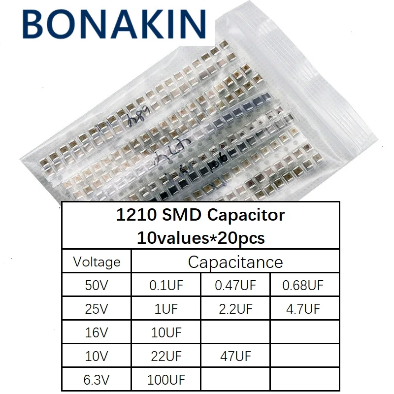 1210 SMD конденсатор в ассортименте, 10 значений * 20 шт. = 200 шт. 100 нФ ~ мкФ набор образцов, электронный комплект «сделай сам» 0402 smd набор образцов конденсаторов 80 значений 50 шт чип конденсаторы набор в ассортименте пф 1 мкф фотоэлементы бесплатная доставка