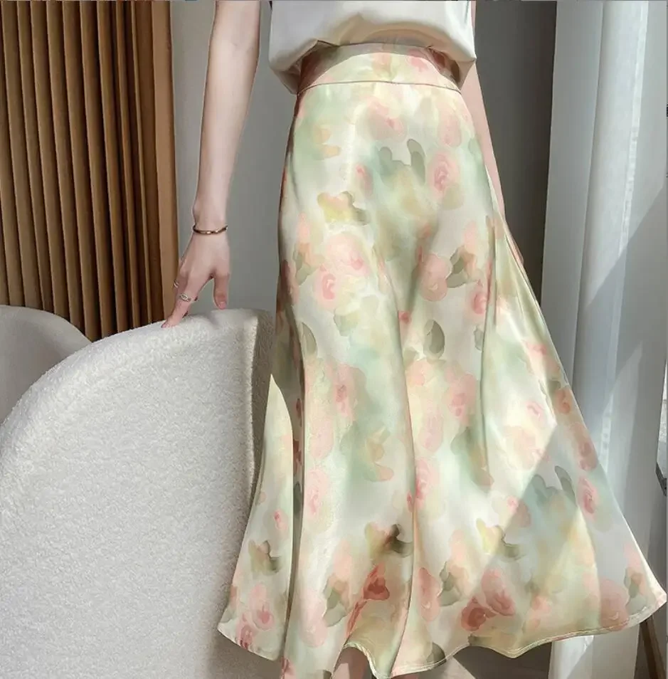 

Женская длинная офисная юбка, роскошная шелковая юбка миди с принтом в винтажном стиле, а-силуэт, элегантная офисная юбка, лето 2024