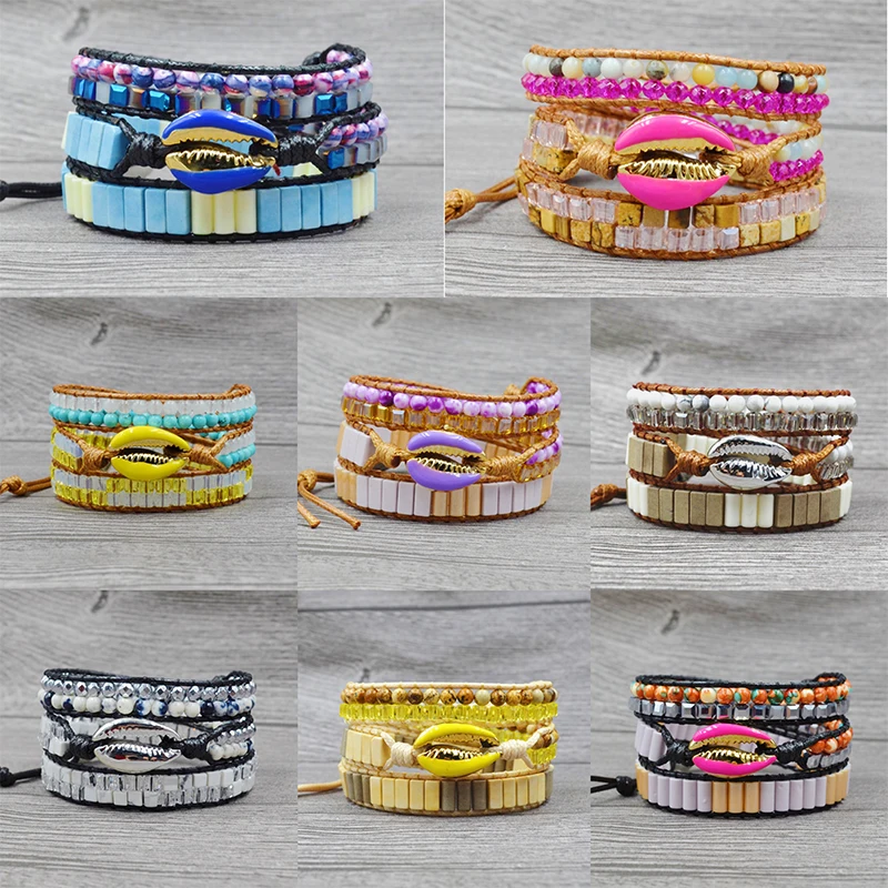 

Bohemian Natural Stone Charms Bracelets for Women Men Vintage Multilayer Shell Beads Chakra Reiki Yoga Leather Weave Bracelet