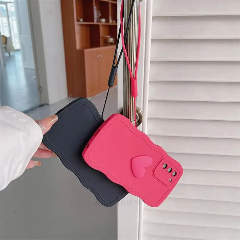 Love Heart Wavy Wrist Strap Silicone Phone Case with Lanyard Cover