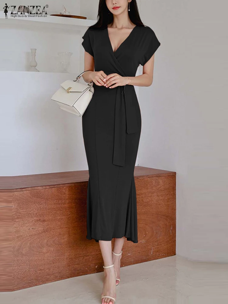 

ZANZEA Fashion V-neck Mermaid Dres 2023 Summer Sexy Midi Vestidos Tie Waist Solid Robe Women Slim Short Sleeve Fishtail Dresses