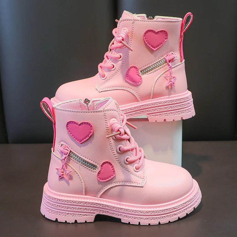 

Girls Boots Kids Fashion Rubber Boots Cool Girl Autumn and Winter Cotton Soft Sole Pink with Love Side Zip Princess Round-toe PU
