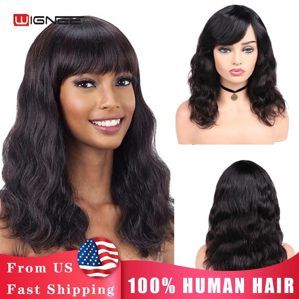 Wignee Natural Wave Human Hair Wigs With Free Bangs For Women Remy